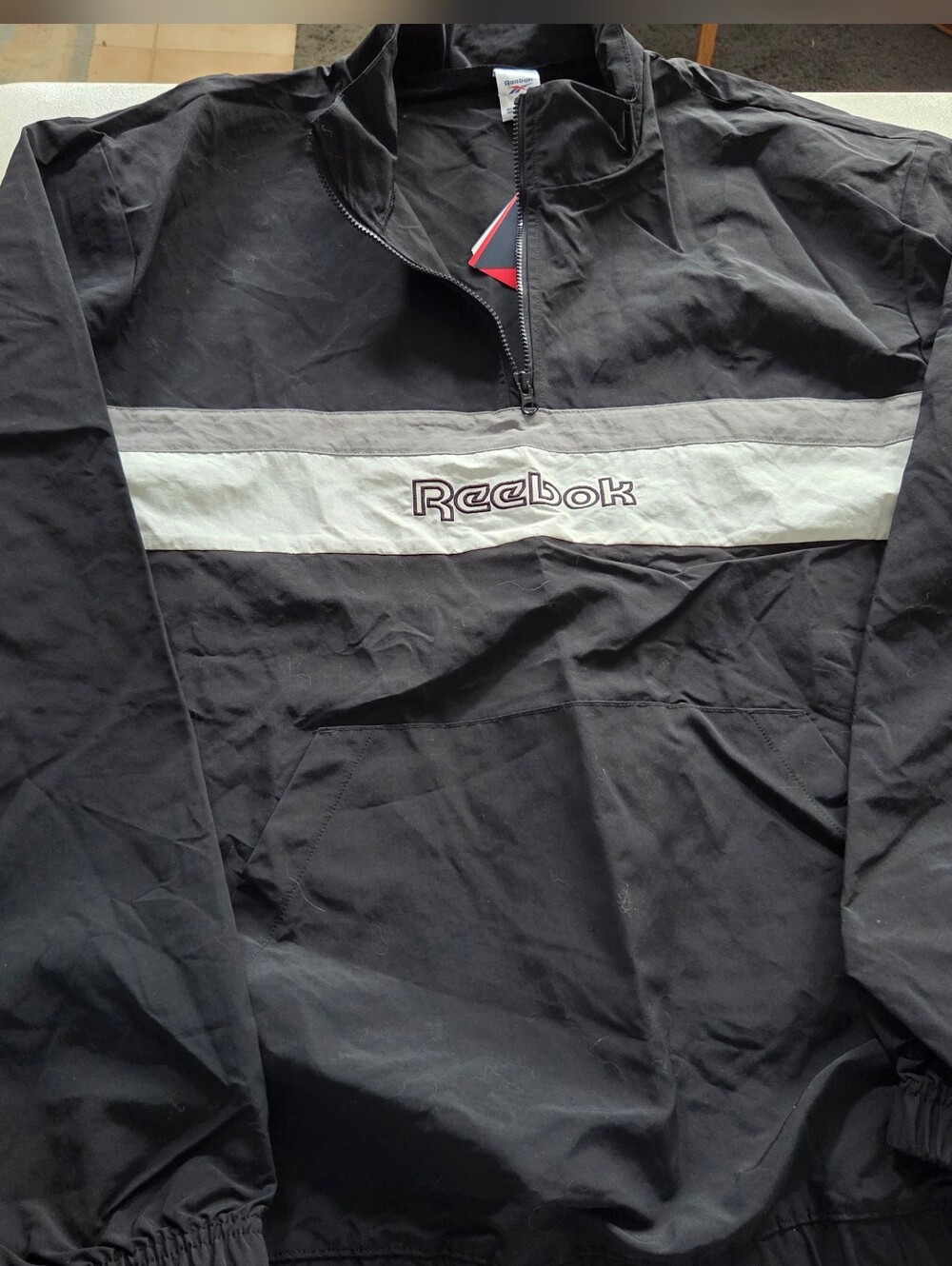 NWT Reebok Men's Black Windbreaker with White and Gray Stripes Sz Large